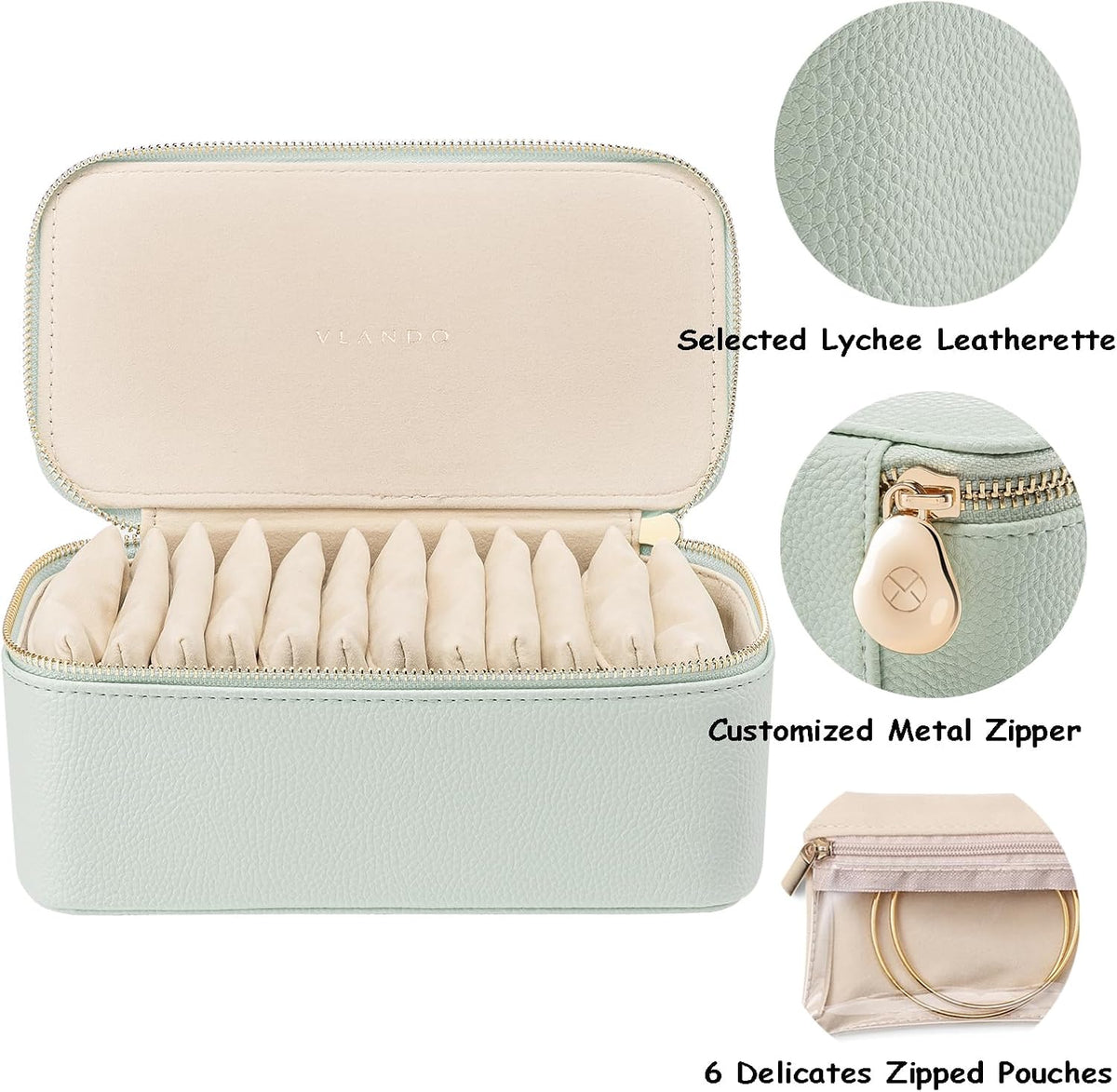 Travel Jewelry Box Organizer – Portable PU Leather Jewelry Case with 6/8/12 Zippered Pouches, Compact Storage for Earrings Rings Necklaces Bracelets, Aqua Blue