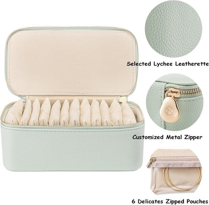 Travel Jewelry Box Organizer – Portable PU Leather Jewelry Case with 6/8/12 Zippered Pouches, Compact Storage for Earrings Rings Necklaces Bracelets, Aqua Blue