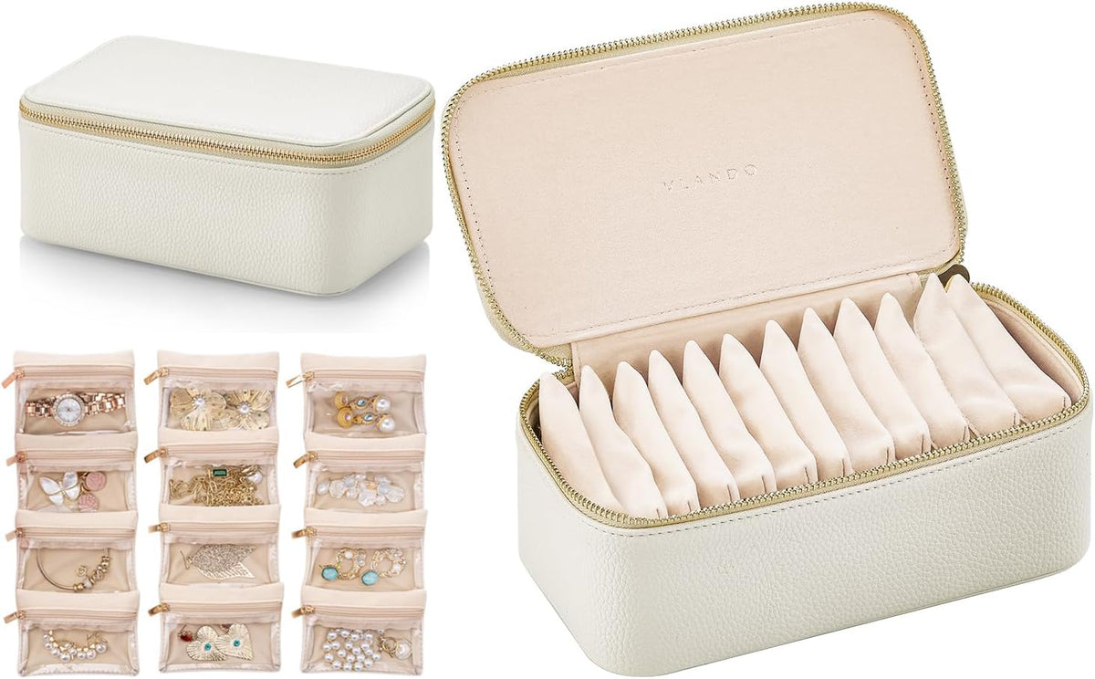 Travel Jewelry Box Organizer – Portable PU Leather Jewelry Case with 6/8/12 Zippered Pouches, Compact Storage for Earrings Rings Necklaces Bracelets, Aqua Blue