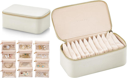 Travel Jewelry Box Organizer – Portable PU Leather Jewelry Case with 6/8/12 Zippered Pouches, Compact Storage for Earrings Rings Necklaces Bracelets, Aqua Blue