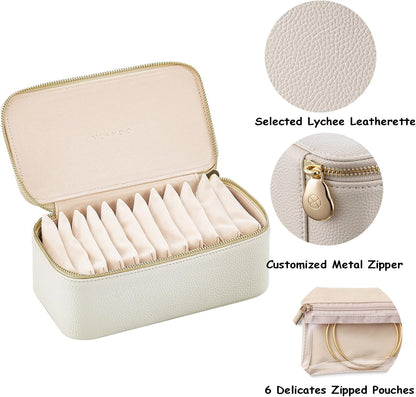 Travel Jewelry Box Organizer – Portable PU Leather Jewelry Case with 6/8/12 Zippered Pouches, Compact Storage for Earrings Rings Necklaces Bracelets, Aqua Blue