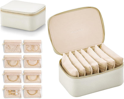 Travel Jewelry Box Organizer – Portable PU Leather Jewelry Case with 6/8/12 Zippered Pouches, Compact Storage for Earrings Rings Necklaces Bracelets, Aqua Blue
