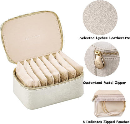 Travel Jewelry Box Organizer – Portable PU Leather Jewelry Case with 6/8/12 Zippered Pouches, Compact Storage for Earrings Rings Necklaces Bracelets, Aqua Blue