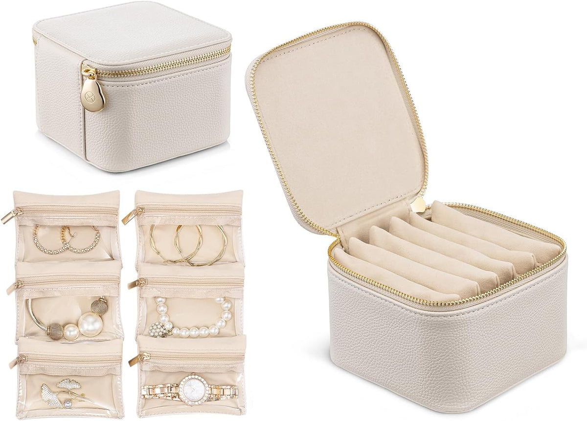 Travel Jewelry Box Organizer – Portable PU Leather Jewelry Case with 6/8/12 Zippered Pouches, Compact Storage for Earrings Rings Necklaces Bracelets, Aqua Blue