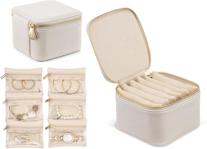Travel Jewelry Box Organizer – Portable PU Leather Jewelry Case with 6/8/12 Zippered Pouches, Compact Storage for Earrings Rings Necklaces Bracelets, Aqua Blue