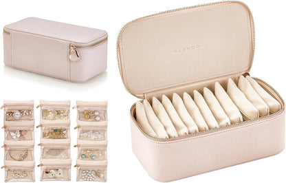 Travel Jewelry Box Organizer – Portable PU Leather Jewelry Case with 6/8/12 Zippered Pouches, Compact Storage for Earrings Rings Necklaces Bracelets, Aqua Blue