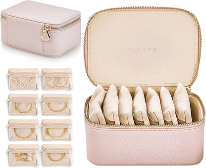 Travel Jewelry Box Organizer – Portable PU Leather Jewelry Case with 6/8/12 Zippered Pouches, Compact Storage for Earrings Rings Necklaces Bracelets, Aqua Blue