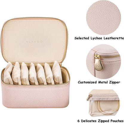 Travel Jewelry Box Organizer – Portable PU Leather Jewelry Case with 6/8/12 Zippered Pouches, Compact Storage for Earrings Rings Necklaces Bracelets, Aqua Blue