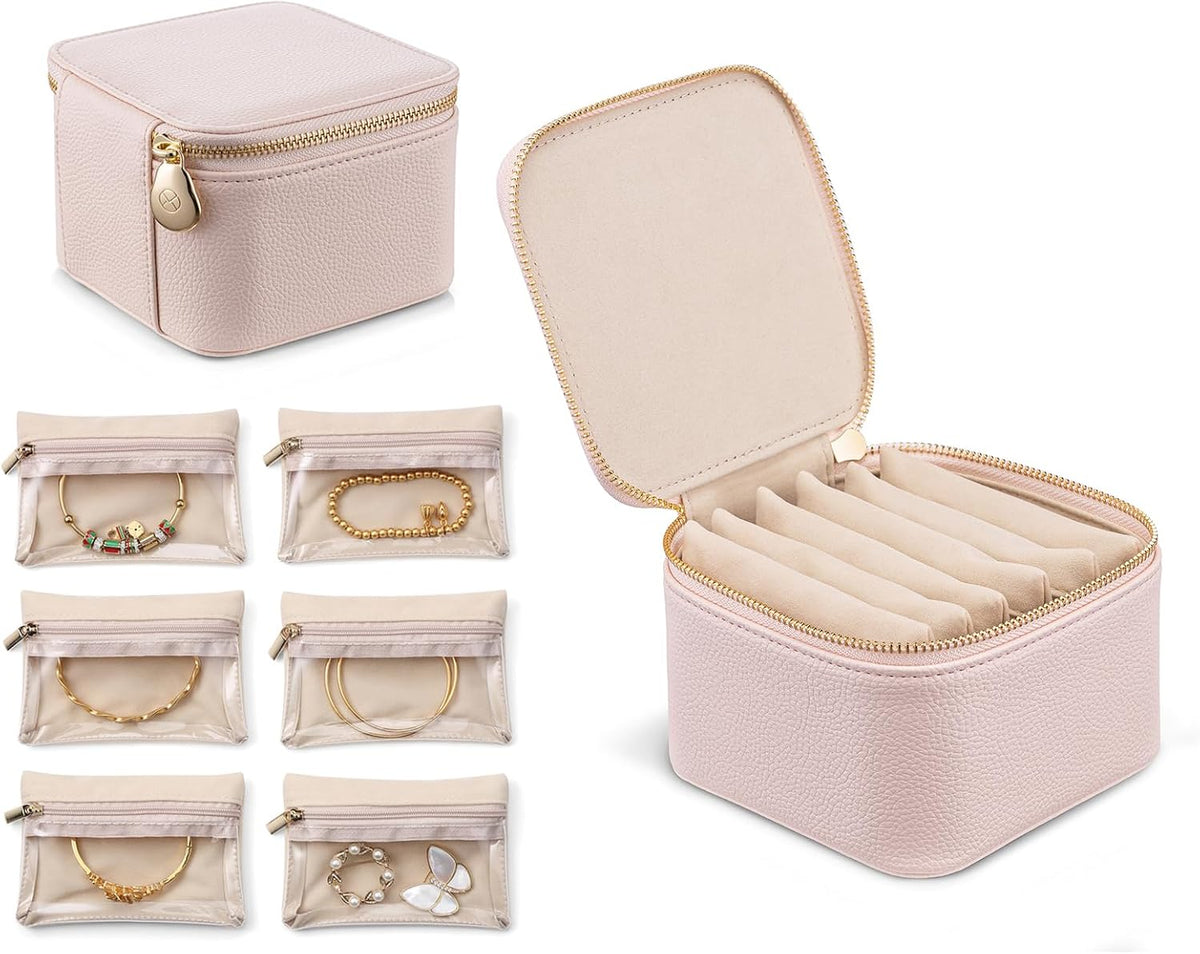 Travel Jewelry Box Organizer – Portable PU Leather Jewelry Case with 6/8/12 Zippered Pouches, Compact Storage for Earrings Rings Necklaces Bracelets, Aqua Blue