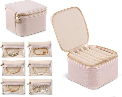Travel Jewelry Box Organizer – Portable PU Leather Jewelry Case with 6/8/12 Zippered Pouches, Compact Storage for Earrings Rings Necklaces Bracelets, Aqua Blue
