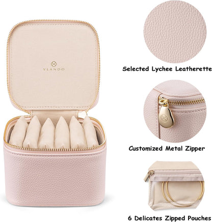 Travel Jewelry Box Organizer – Portable PU Leather Jewelry Case with 6/8/12 Zippered Pouches, Compact Storage for Earrings Rings Necklaces Bracelets, Aqua Blue