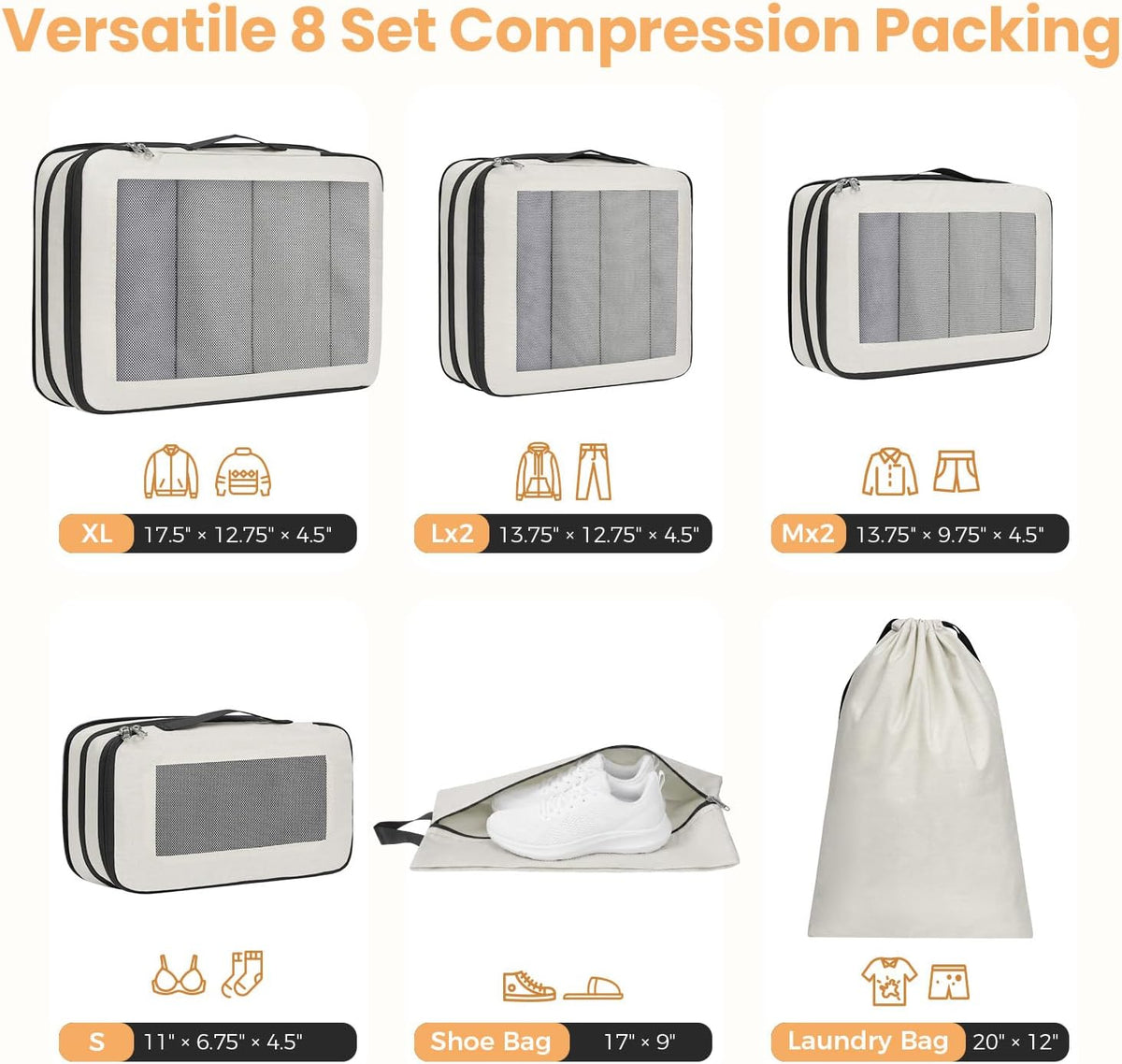8 Set Compression Packing Cubes, Durable & Wear-resistant Expandable Luggage Organizer Bags for Travel Accessories (Black)