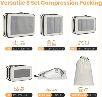 8 Set Compression Packing Cubes, Durable & Wear-resistant Expandable Luggage Organizer Bags for Travel Accessories (Black)