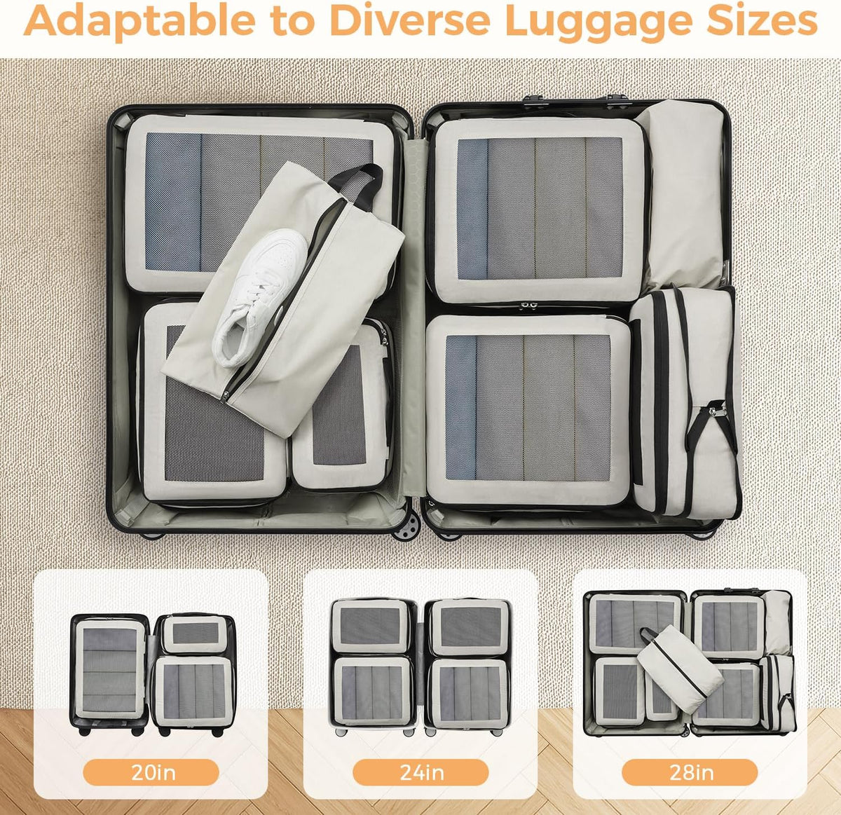8 Set Compression Packing Cubes, Durable & Wear-resistant Expandable Luggage Organizer Bags for Travel Accessories (Black)