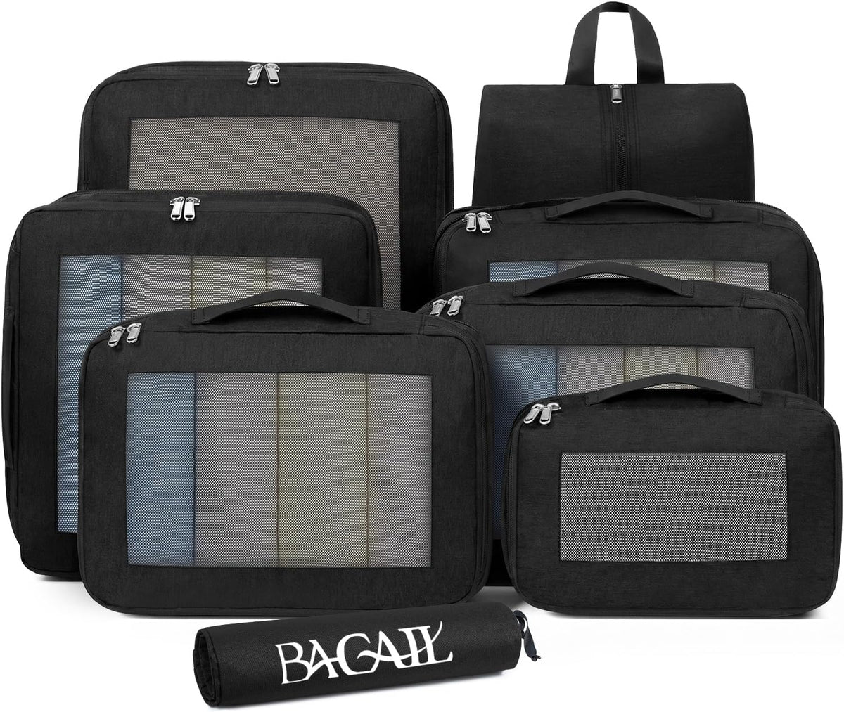 8 Set Compression Packing Cubes, Durable & Wear-resistant Expandable Luggage Organizer Bags for Travel Accessories (Black)