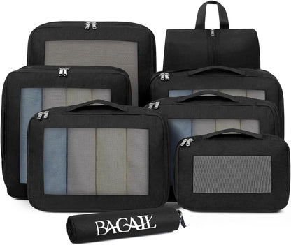 8 Set Compression Packing Cubes, Durable & Wear-resistant Expandable Luggage Organizer Bags for Travel Accessories (Black)