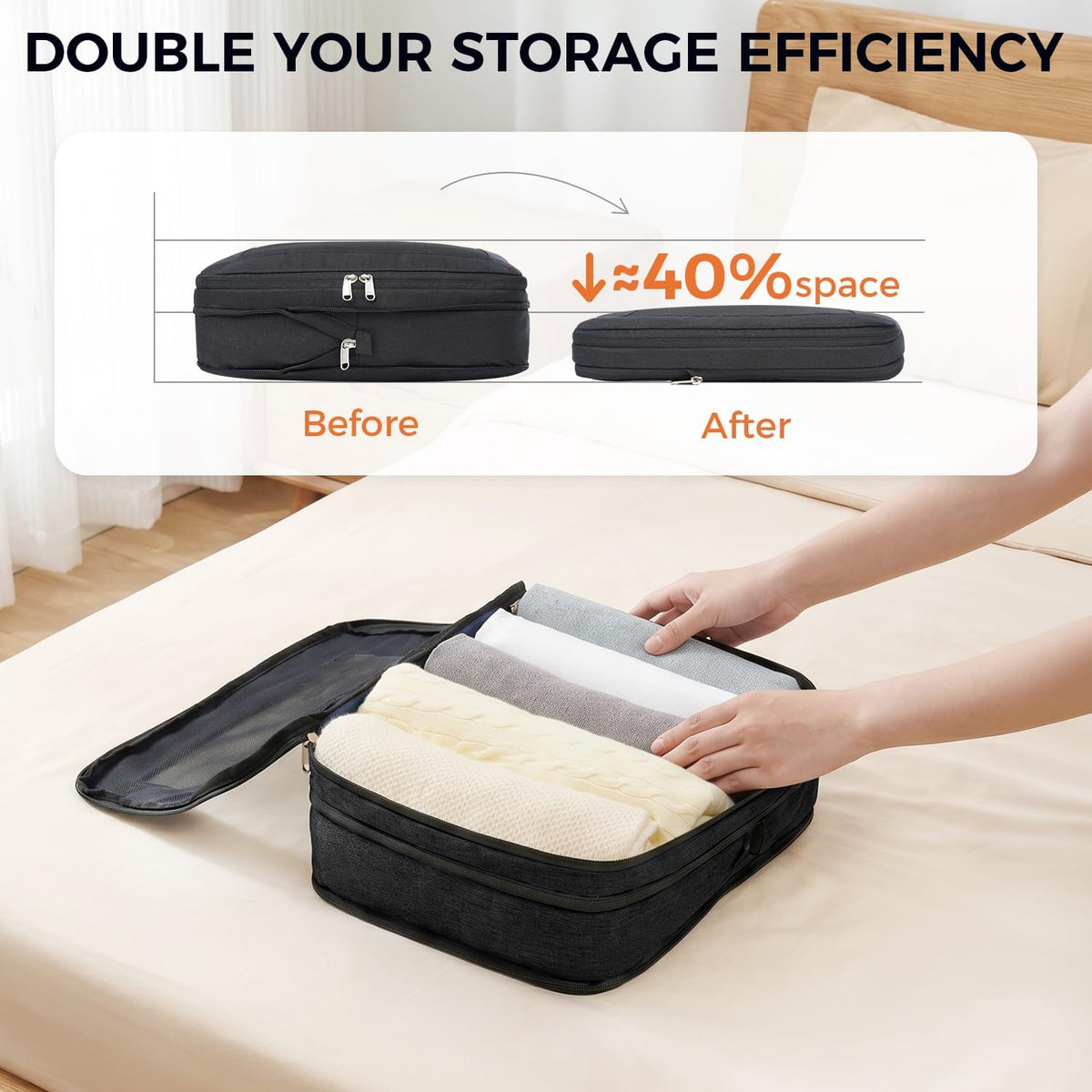 8 Set Compression Packing Cubes, Durable & Wear-resistant Expandable Luggage Organizer Bags for Travel Accessories (Black)