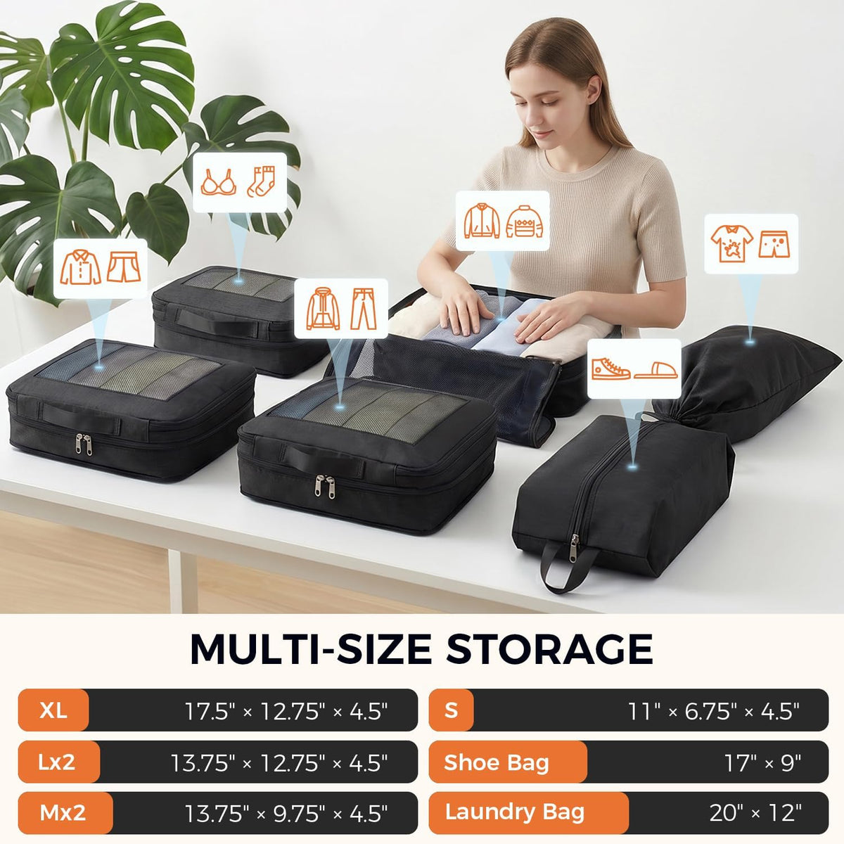 8 Set Compression Packing Cubes, Durable & Wear-resistant Expandable Luggage Organizer Bags for Travel Accessories (Black)
