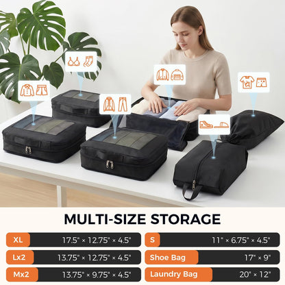 8 Set Compression Packing Cubes, Durable & Wear-resistant Expandable Luggage Organizer Bags for Travel Accessories (Black)