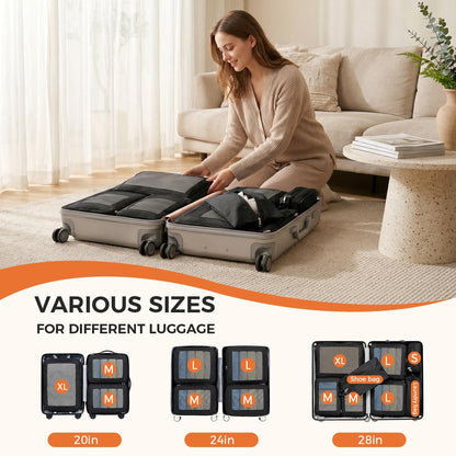 8 Set Compression Packing Cubes, Durable & Wear-resistant Expandable Luggage Organizer Bags for Travel Accessories (Black)