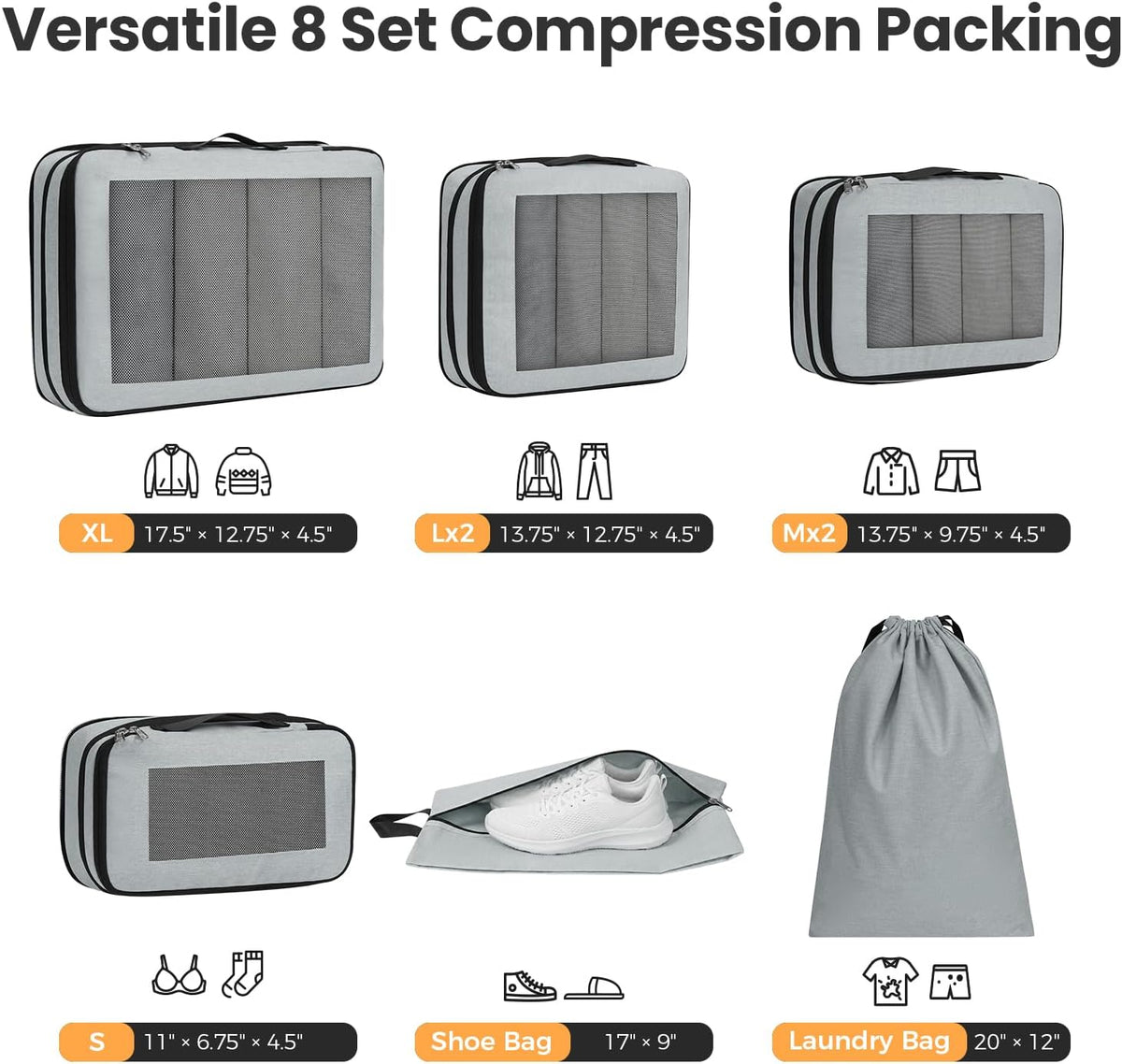 8 Set Compression Packing Cubes, Durable & Wear-resistant Expandable Luggage Organizer Bags for Travel Accessories (Black)