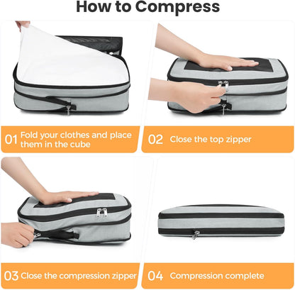8 Set Compression Packing Cubes, Durable & Wear-resistant Expandable Luggage Organizer Bags for Travel Accessories (Black)