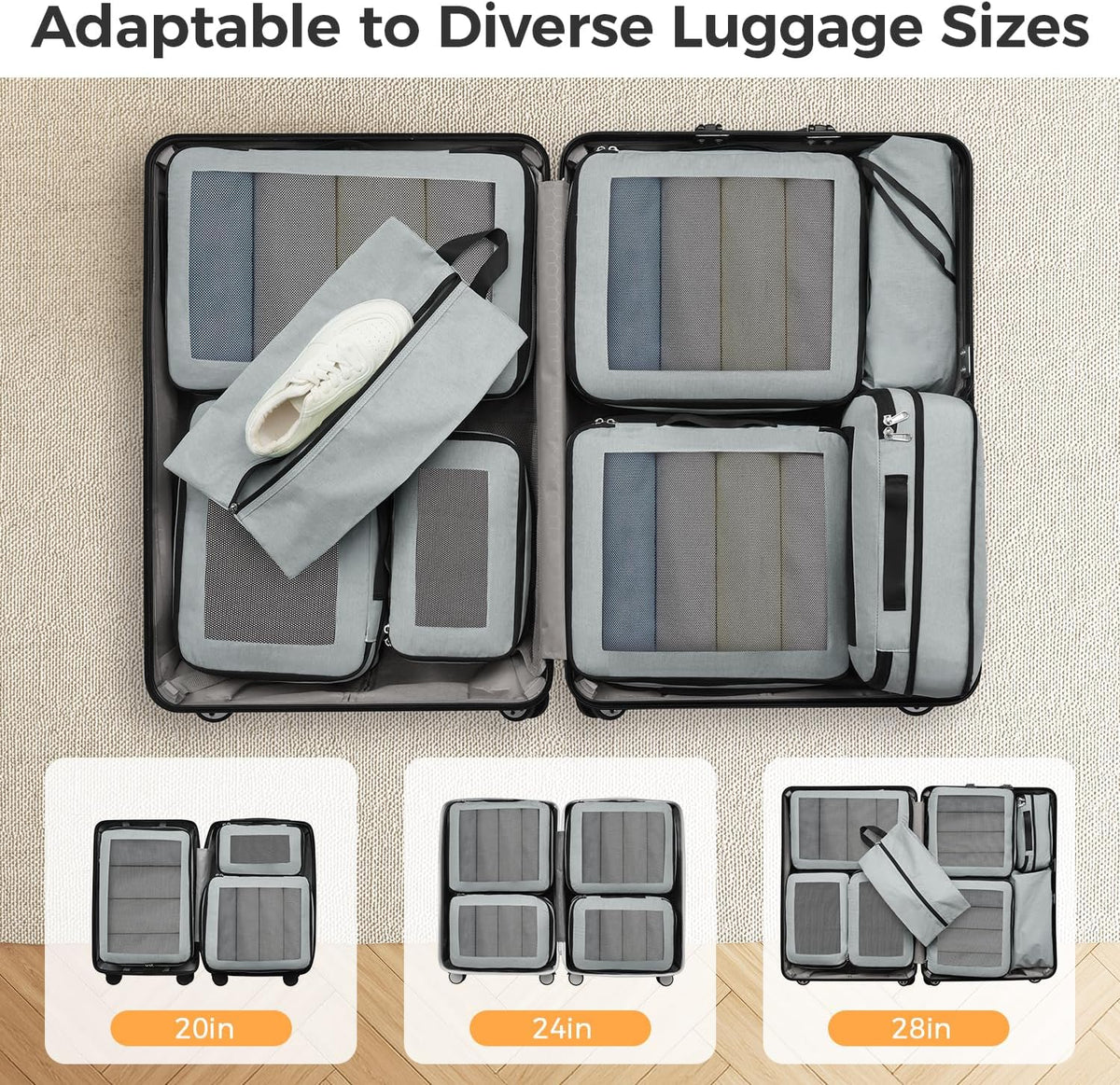 8 Set Compression Packing Cubes, Durable & Wear-resistant Expandable Luggage Organizer Bags for Travel Accessories (Black)