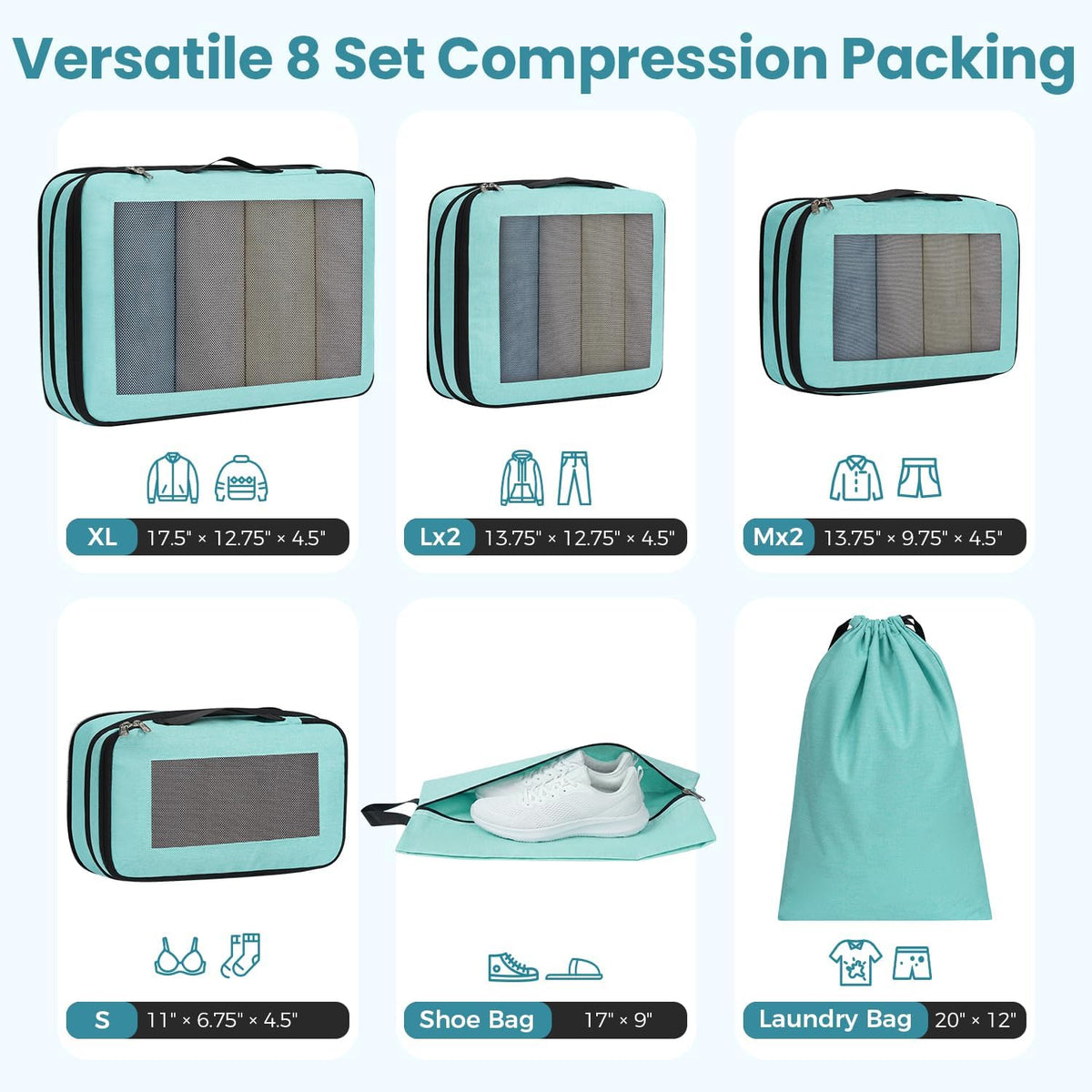 8 Set Compression Packing Cubes, Durable & Wear-resistant Expandable Luggage Organizer Bags for Travel Accessories (Black)
