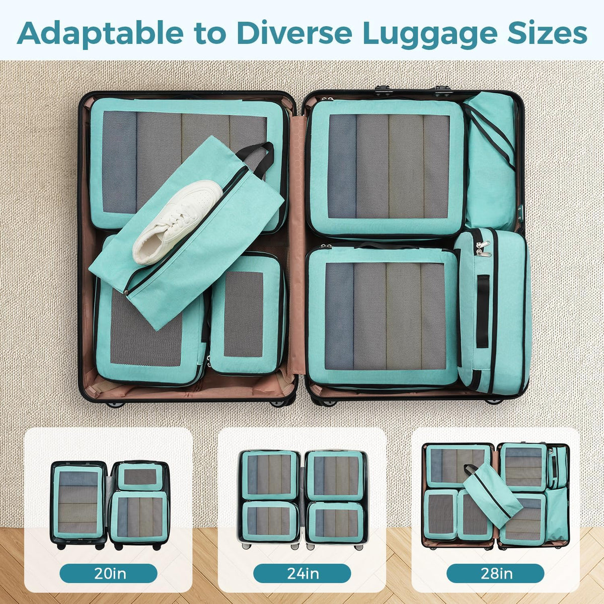 8 Set Compression Packing Cubes, Durable & Wear-resistant Expandable Luggage Organizer Bags for Travel Accessories (Black)