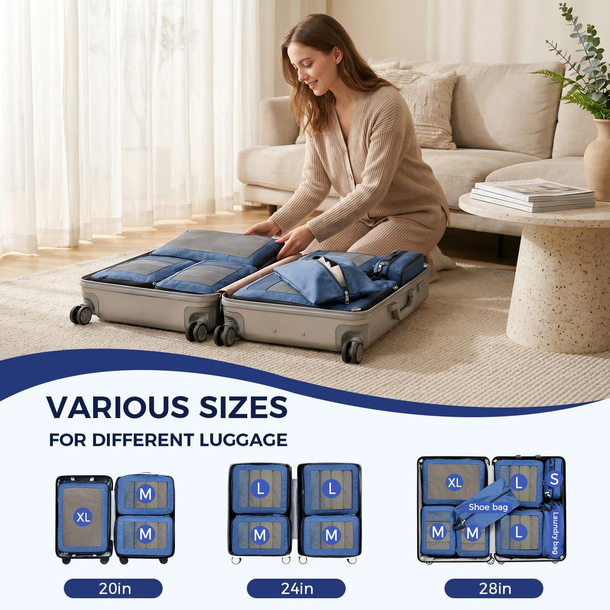 8 Set Compression Packing Cubes, Durable & Wear-resistant Expandable Luggage Organizer Bags for Travel Accessories (Black)
