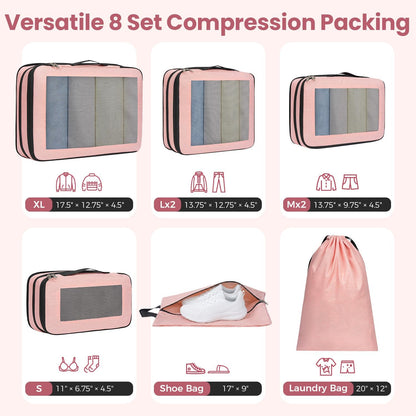 8 Set Compression Packing Cubes, Durable & Wear-resistant Expandable Luggage Organizer Bags for Travel Accessories (Black)