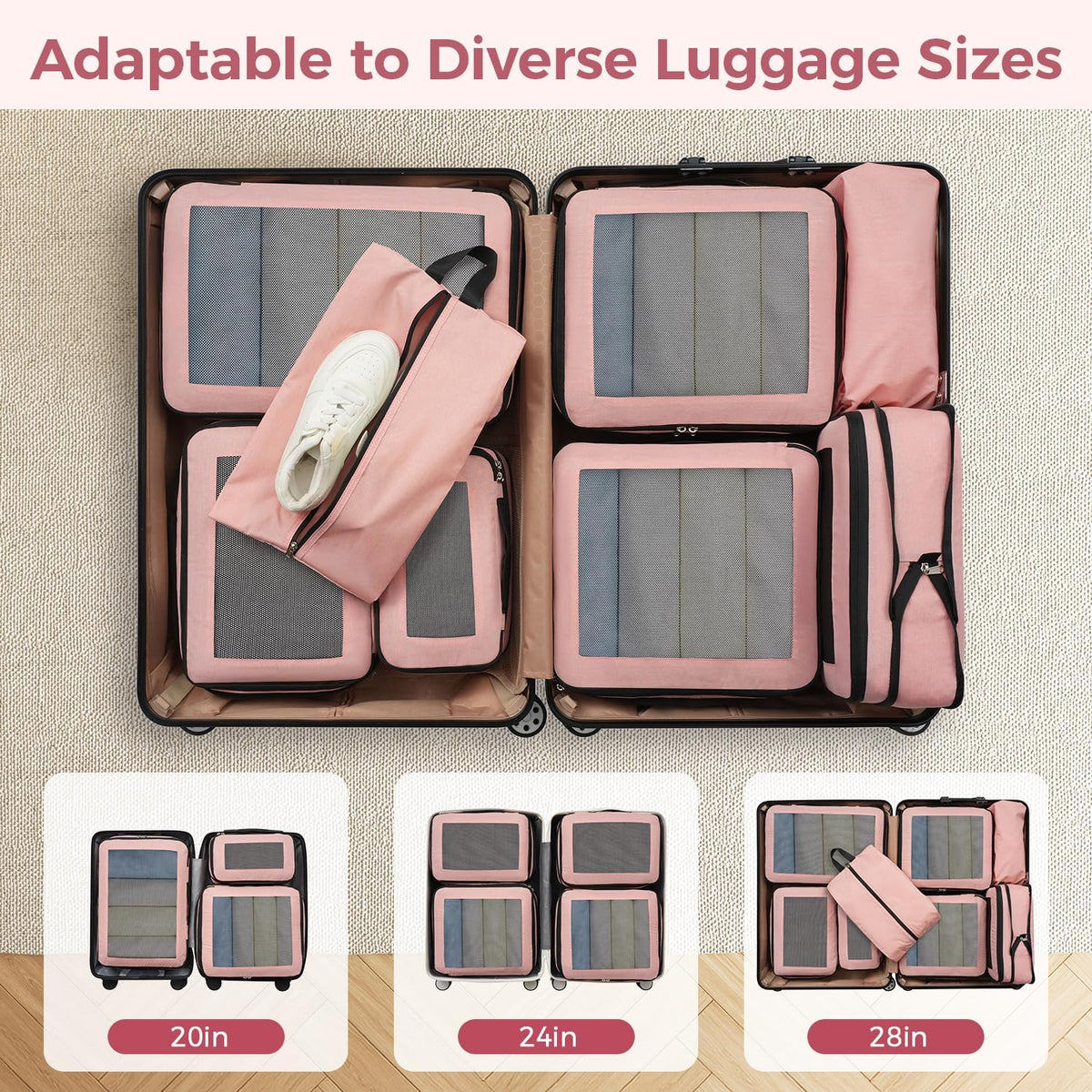 8 Set Compression Packing Cubes, Durable & Wear-resistant Expandable Luggage Organizer Bags for Travel Accessories (Black)