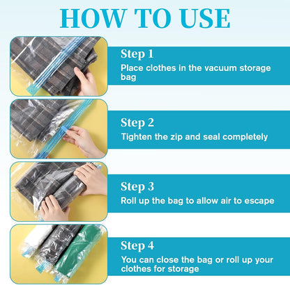 4 PCS Roll up Compression Bags, 19 X 14" Vacuum Travel Bag, Roll-Up Space Saver Bags for Travel, Vacuum Seal Storage Bag for Packing Clothing Suitcases Luggage Home Organizers, No Pump Needed