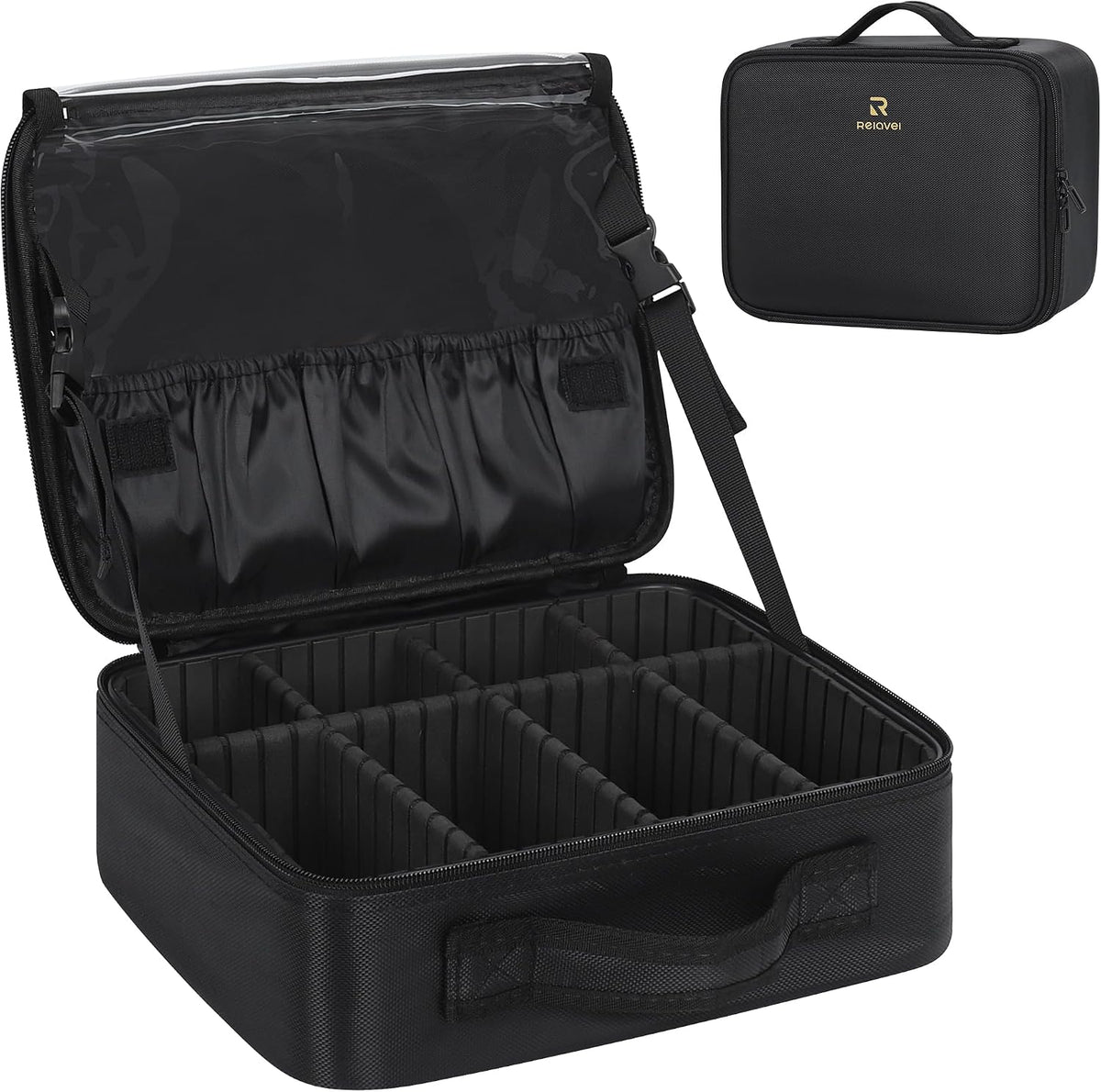 Makeup Bag Travel Makeup Train Case Large Cosmetic Case Professional Portable Makeup Brush Holder Organizer and Storage with Adjustable Dividers and Shoulder Strap Black