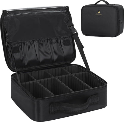 Makeup Bag Travel Makeup Train Case Large Cosmetic Case Professional Portable Makeup Brush Holder Organizer and Storage with Adjustable Dividers and Shoulder Strap Black