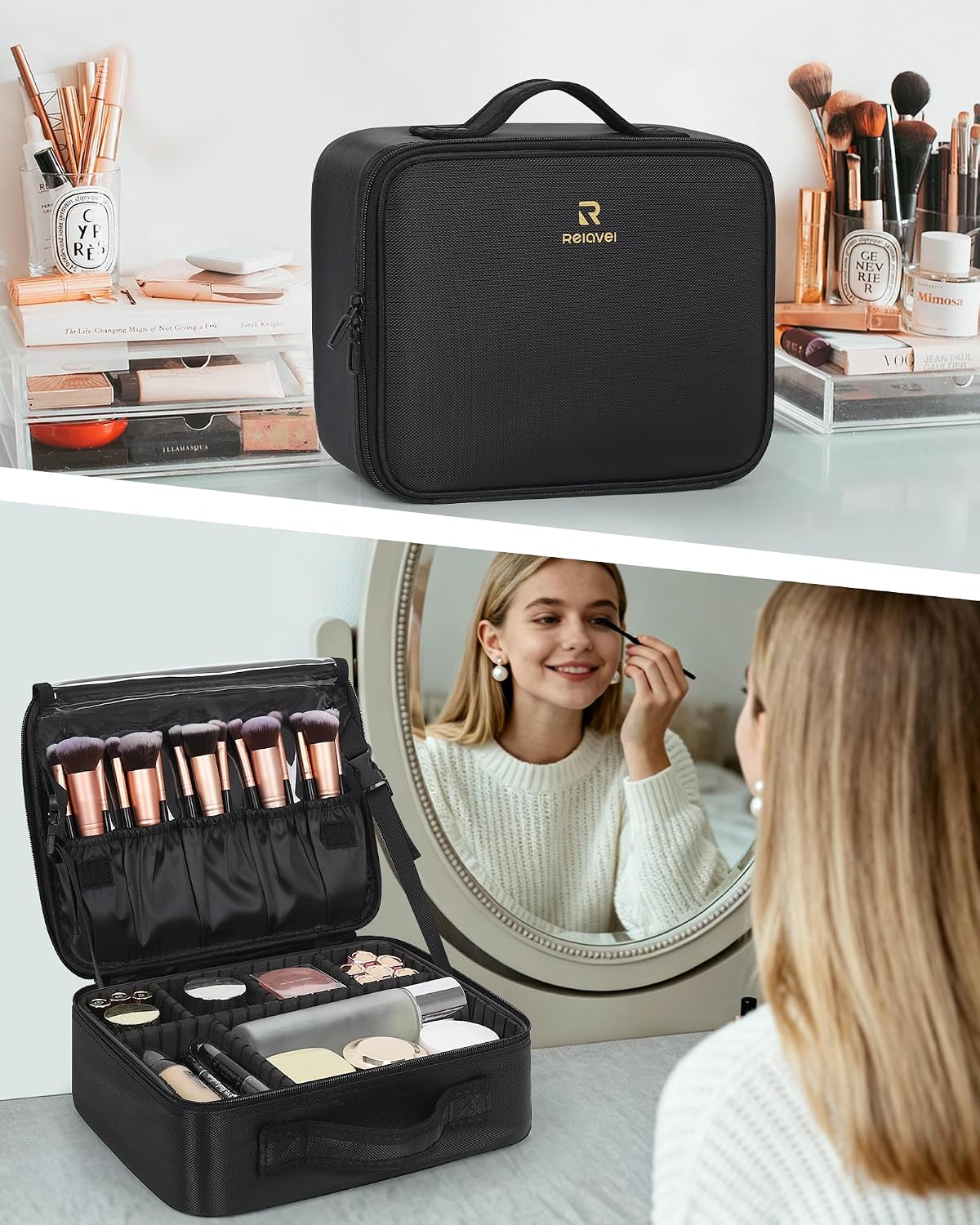 Makeup Bag Travel Makeup Train Case Large Cosmetic Case Professional Portable Makeup Brush Holder Organizer and Storage with Adjustable Dividers and Shoulder Strap Black