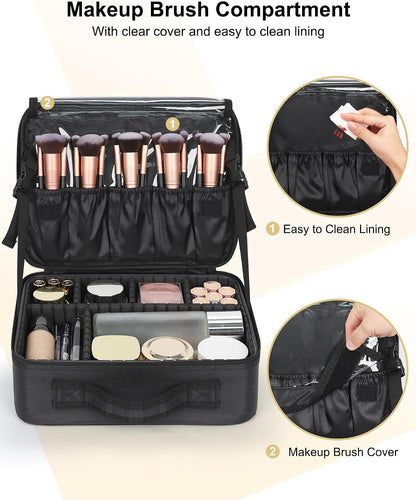 Makeup Bag Travel Makeup Train Case Large Cosmetic Case Professional Portable Makeup Brush Holder Organizer and Storage with Adjustable Dividers and Shoulder Strap Black