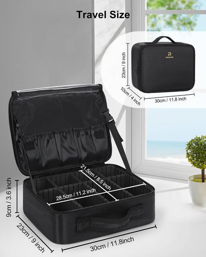 Makeup Bag Travel Makeup Train Case Large Cosmetic Case Professional Portable Makeup Brush Holder Organizer and Storage with Adjustable Dividers and Shoulder Strap Black