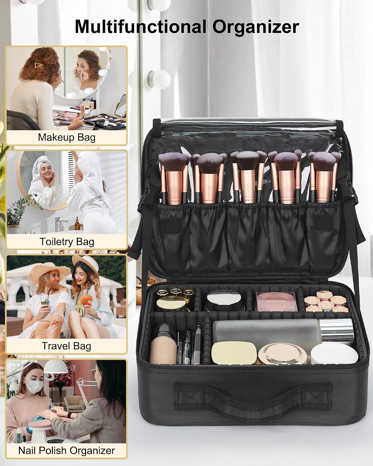 Makeup Bag Travel Makeup Train Case Large Cosmetic Case Professional Portable Makeup Brush Holder Organizer and Storage with Adjustable Dividers and Shoulder Strap Black