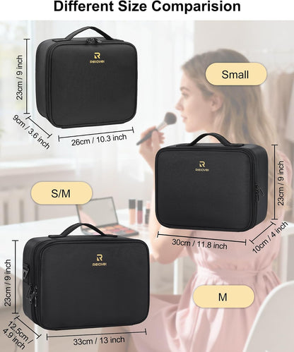 Makeup Bag Travel Makeup Train Case Large Cosmetic Case Professional Portable Makeup Brush Holder Organizer and Storage with Adjustable Dividers and Shoulder Strap Black
