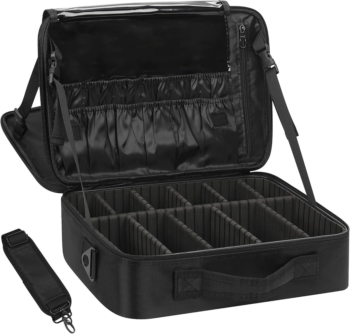 Makeup Bag Travel Makeup Train Case Large Cosmetic Case Professional Portable Makeup Brush Holder Organizer and Storage with Adjustable Dividers and Shoulder Strap Black