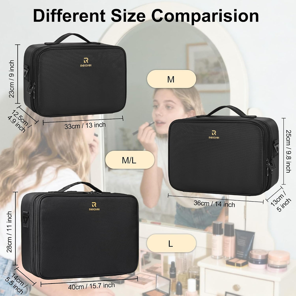 Makeup Bag Travel Makeup Train Case Large Cosmetic Case Professional Portable Makeup Brush Holder Organizer and Storage with Adjustable Dividers and Shoulder Strap Black