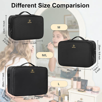 Makeup Bag Travel Makeup Train Case Large Cosmetic Case Professional Portable Makeup Brush Holder Organizer and Storage with Adjustable Dividers and Shoulder Strap Black
