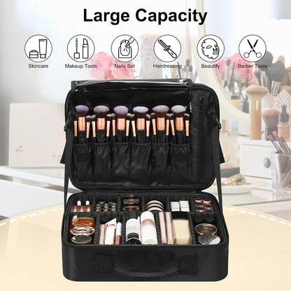 Makeup Bag Travel Makeup Train Case Large Cosmetic Case Professional Portable Makeup Brush Holder Organizer and Storage with Adjustable Dividers and Shoulder Strap Black