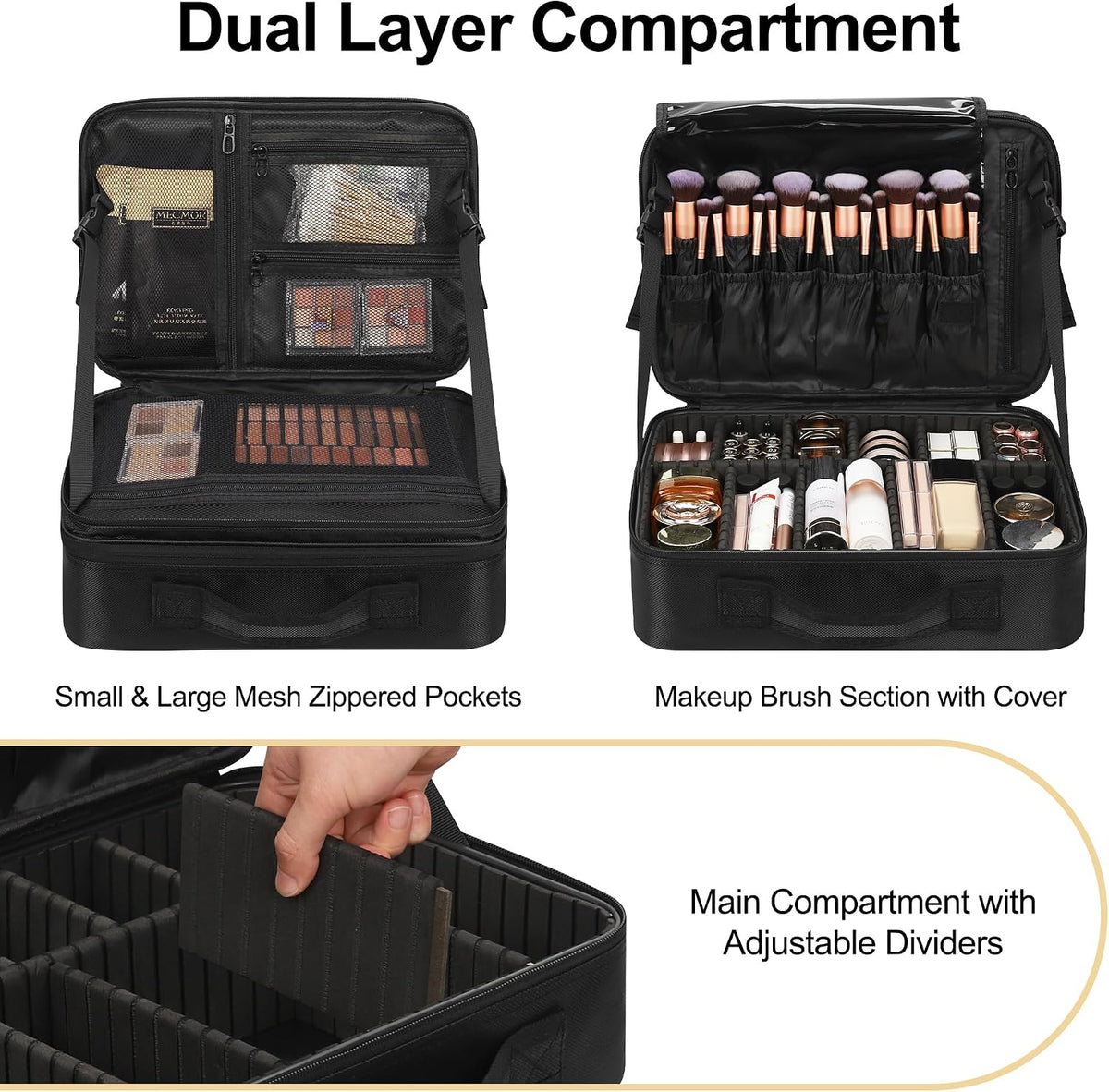 Makeup Bag Travel Makeup Train Case Large Cosmetic Case Professional Portable Makeup Brush Holder Organizer and Storage with Adjustable Dividers and Shoulder Strap Black