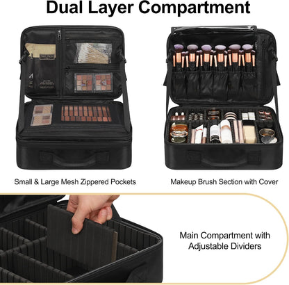 Makeup Bag Travel Makeup Train Case Large Cosmetic Case Professional Portable Makeup Brush Holder Organizer and Storage with Adjustable Dividers and Shoulder Strap Black
