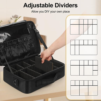 Makeup Bag Travel Makeup Train Case Large Cosmetic Case Professional Portable Makeup Brush Holder Organizer and Storage with Adjustable Dividers and Shoulder Strap Black