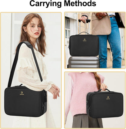 Makeup Bag Travel Makeup Train Case Large Cosmetic Case Professional Portable Makeup Brush Holder Organizer and Storage with Adjustable Dividers and Shoulder Strap Black