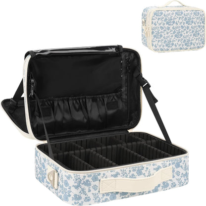 Makeup Bag Travel Makeup Train Case Large Cosmetic Case Professional Portable Makeup Brush Holder Organizer and Storage with Adjustable Dividers and Shoulder Strap Black