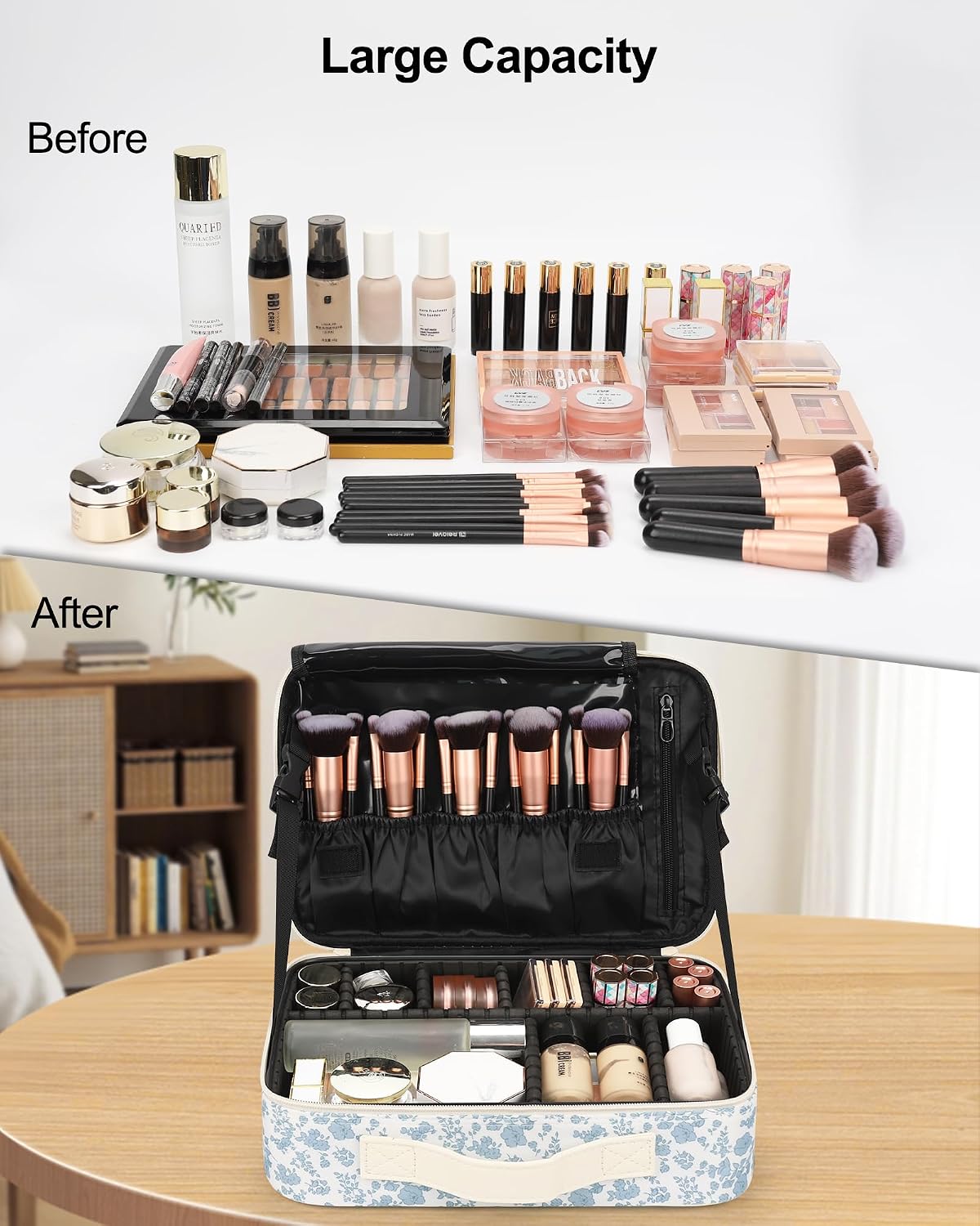 Makeup Bag Travel Makeup Train Case Large Cosmetic Case Professional Portable Makeup Brush Holder Organizer and Storage with Adjustable Dividers and Shoulder Strap Black
